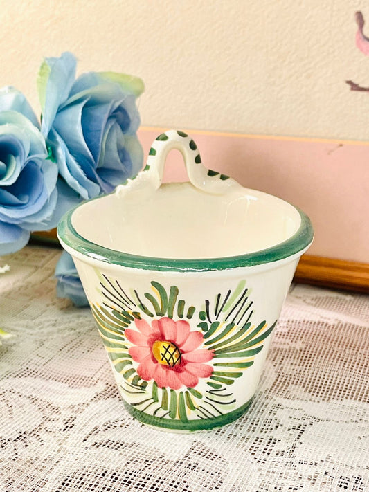 Vintage Hand-Painted Floral Ceramic Planter, Wall hanging