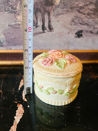 Vintage English Stoneware Trinket Box – Pastel Roses & Lace Relief Design