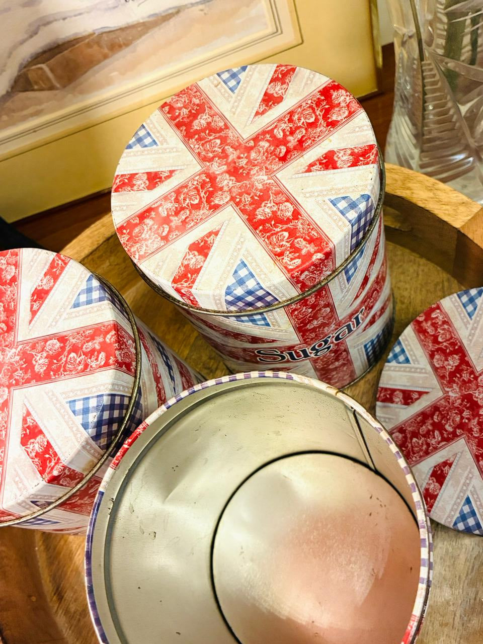 Vintage Union Jack Tea Coffee Sugar Tin Canister Set — England Style
