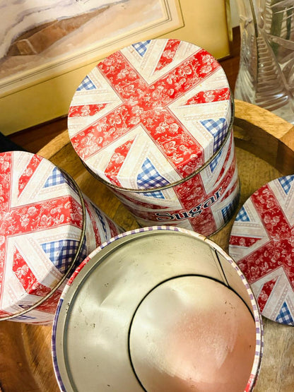 Vintage Union Jack Tea Coffee Sugar Tin Canister Set — England Style