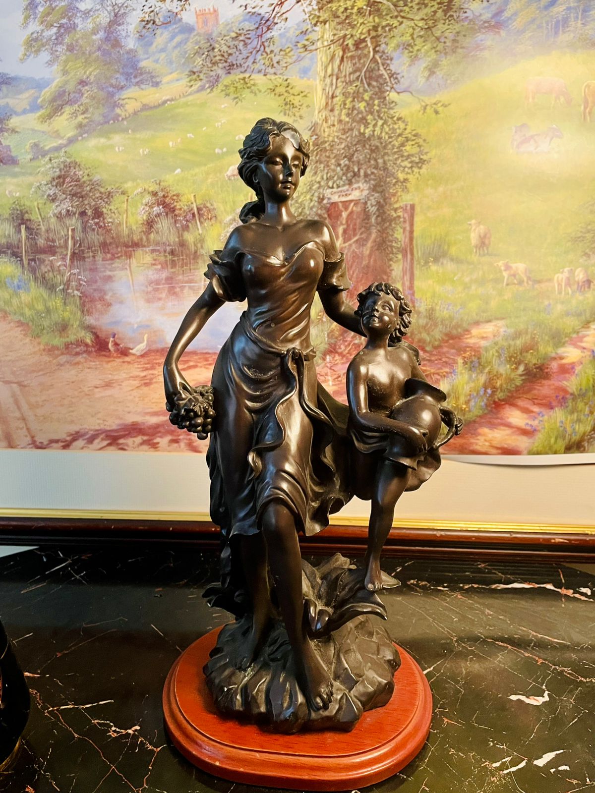 bronze style figurine, resin woman child statue, european sculpture art, classical home décor, vintage decorative figurine, resin bronze statue, artistic sculpture with wooden base, elegant centerpiece décor, collectible figurine