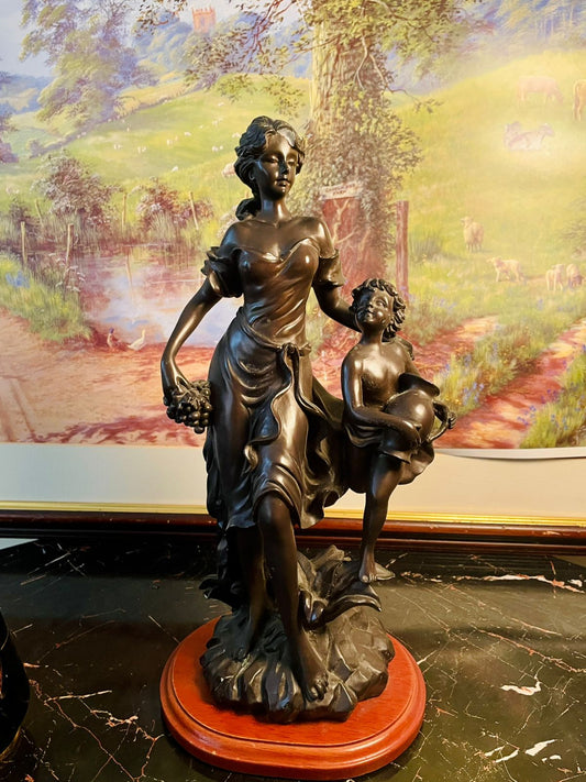 bronze style figurine, resin woman child statue, european sculpture art, classical home décor, vintage decorative figurine, resin bronze statue, artistic sculpture with wooden base, elegant centerpiece décor, collectible figurine