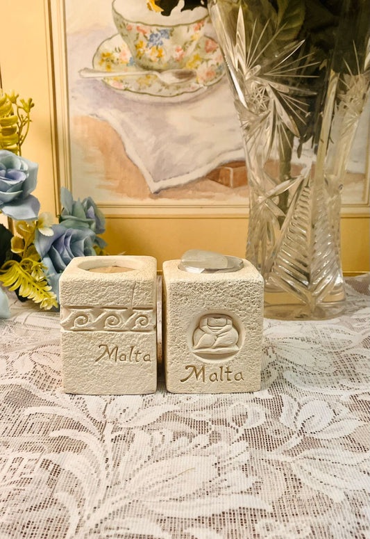 Vintage Malta Stone Tealight Candle Holder Set