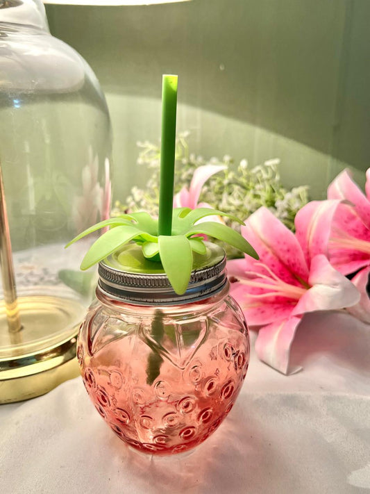 Pink Strawberry Crystal Jar with Green Straw – 8 Inches