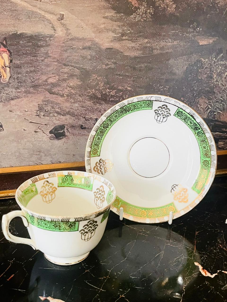 Vintage St. Michael Fine China Teacup & Saucer Set – Green & Gold Art Deco Pattern (England)