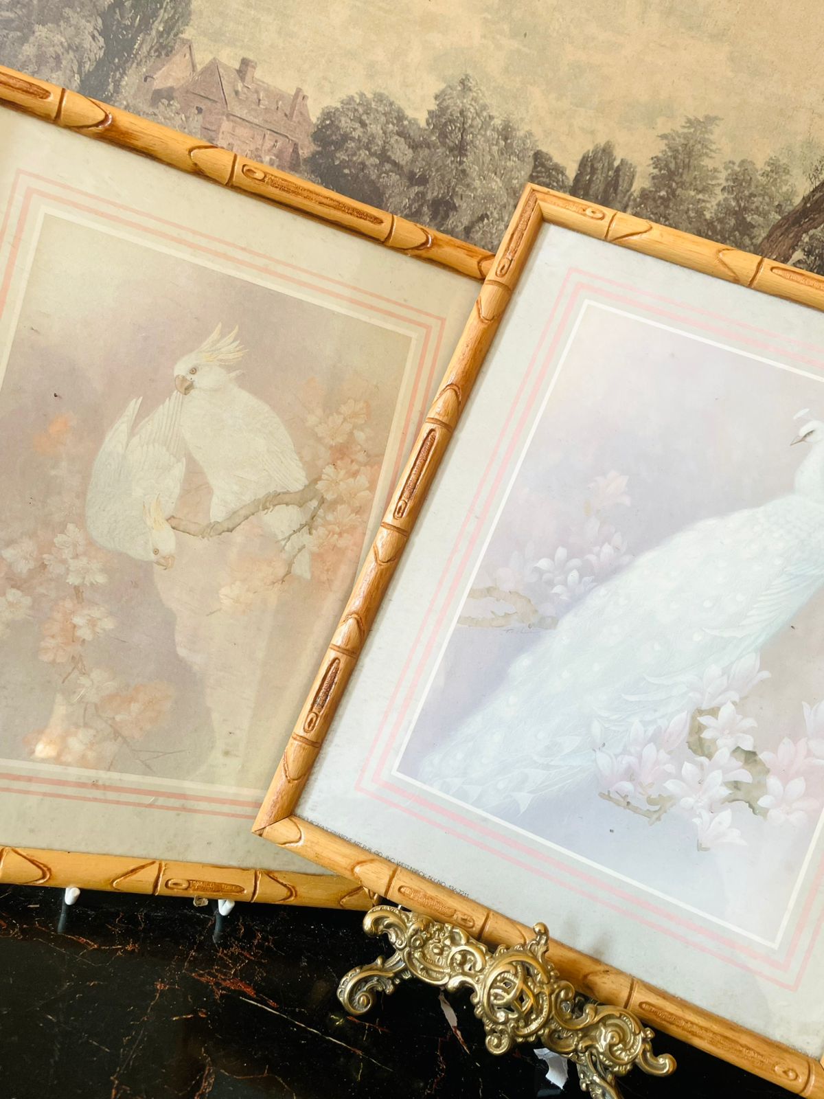 Pair of Vintage White Bird & Peacock Prints – Bamboo Style Frames (England)
