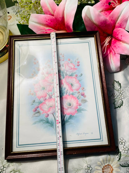 Pink Floral Framed Print Brown Frame Approx. 26 cm