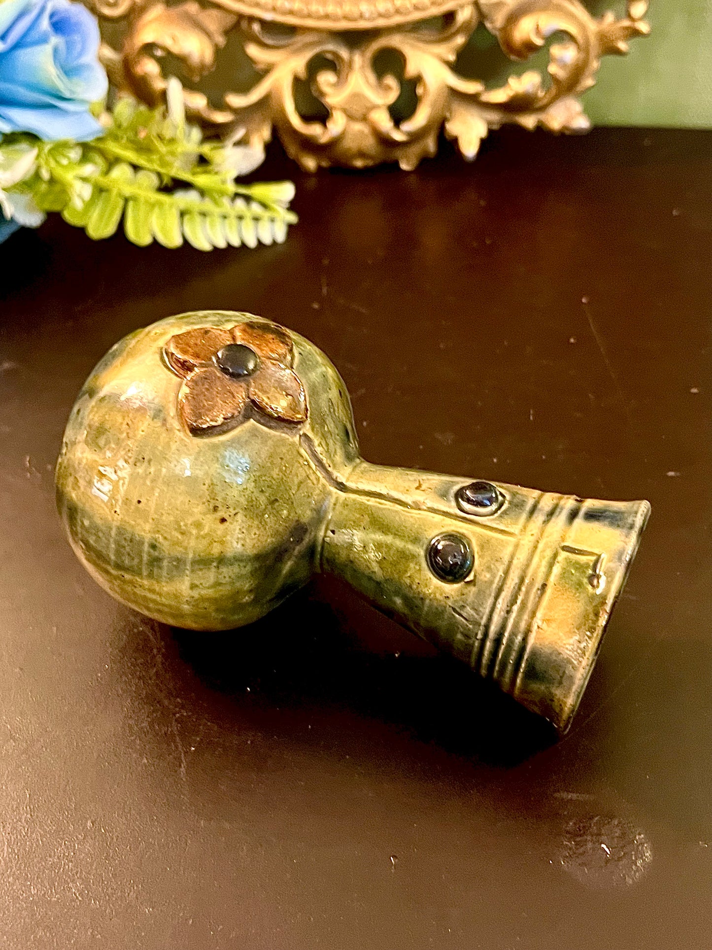 Rustic Green Ceramic Bud Vase with Raised Flower Detail 5 Inch