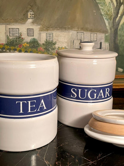 Set of 2 Classic Blue & White “Tea & Sugar” Ceramic Storage Jar Set