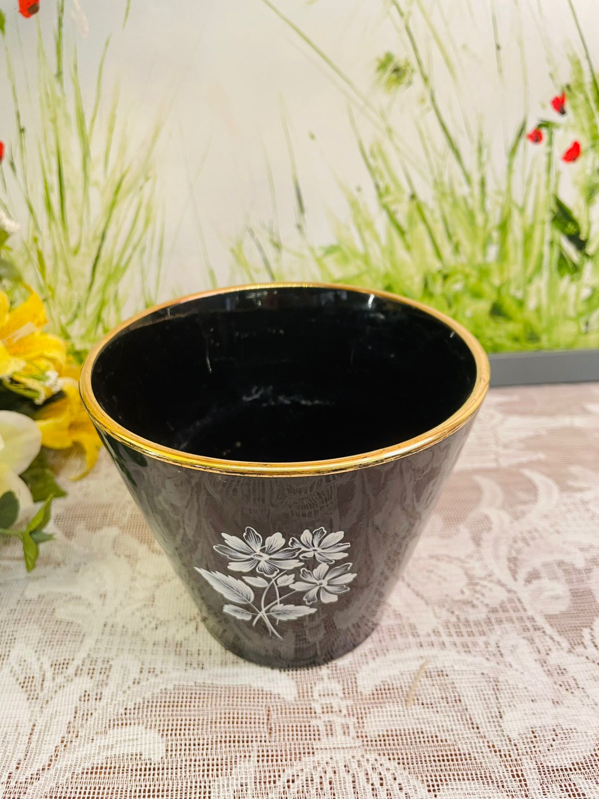 Vintage Wade England Black Floral Planter – Ceramic Pot