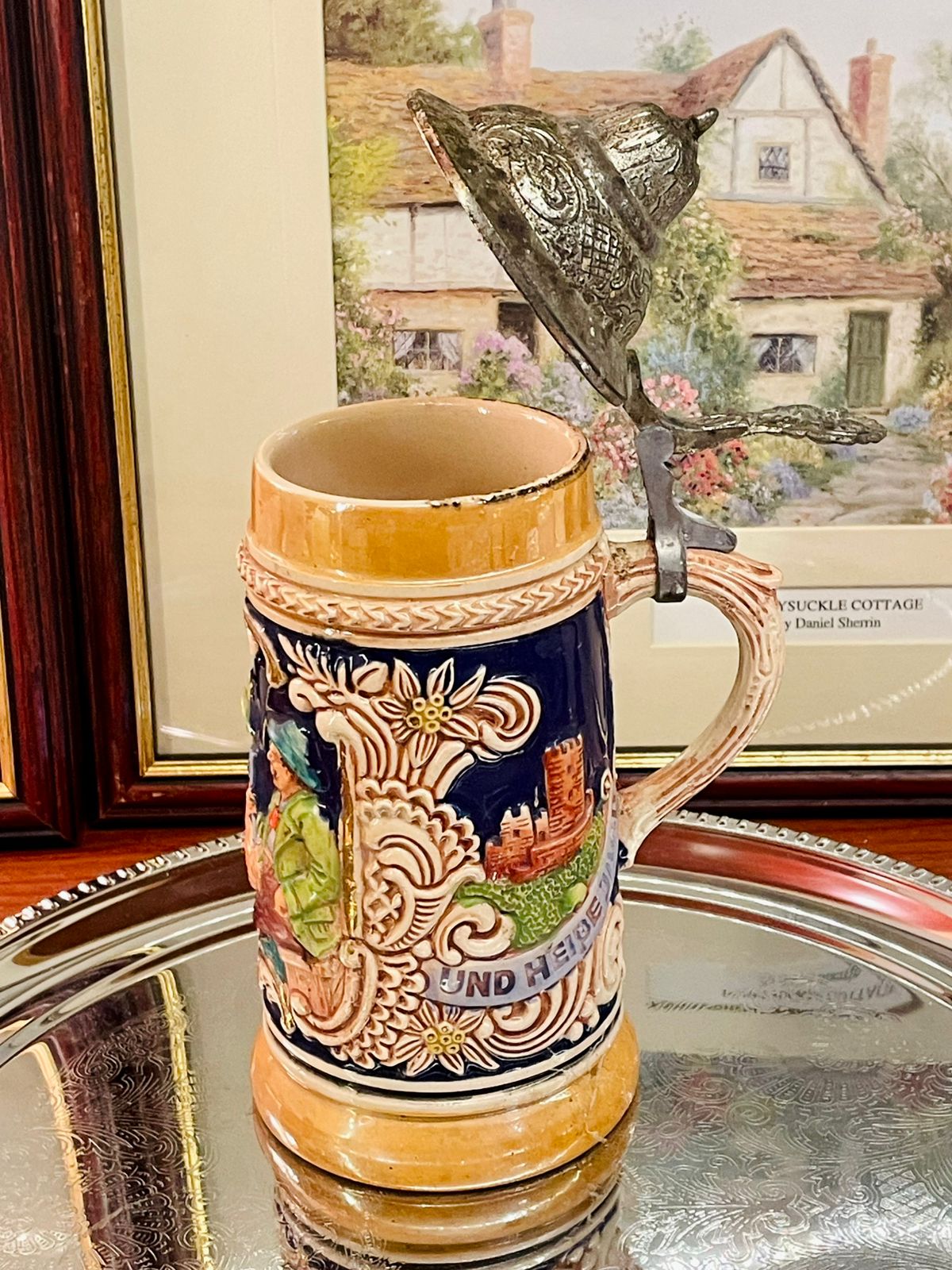 Vintage German Mug with Pewter Lid – Embossed Design