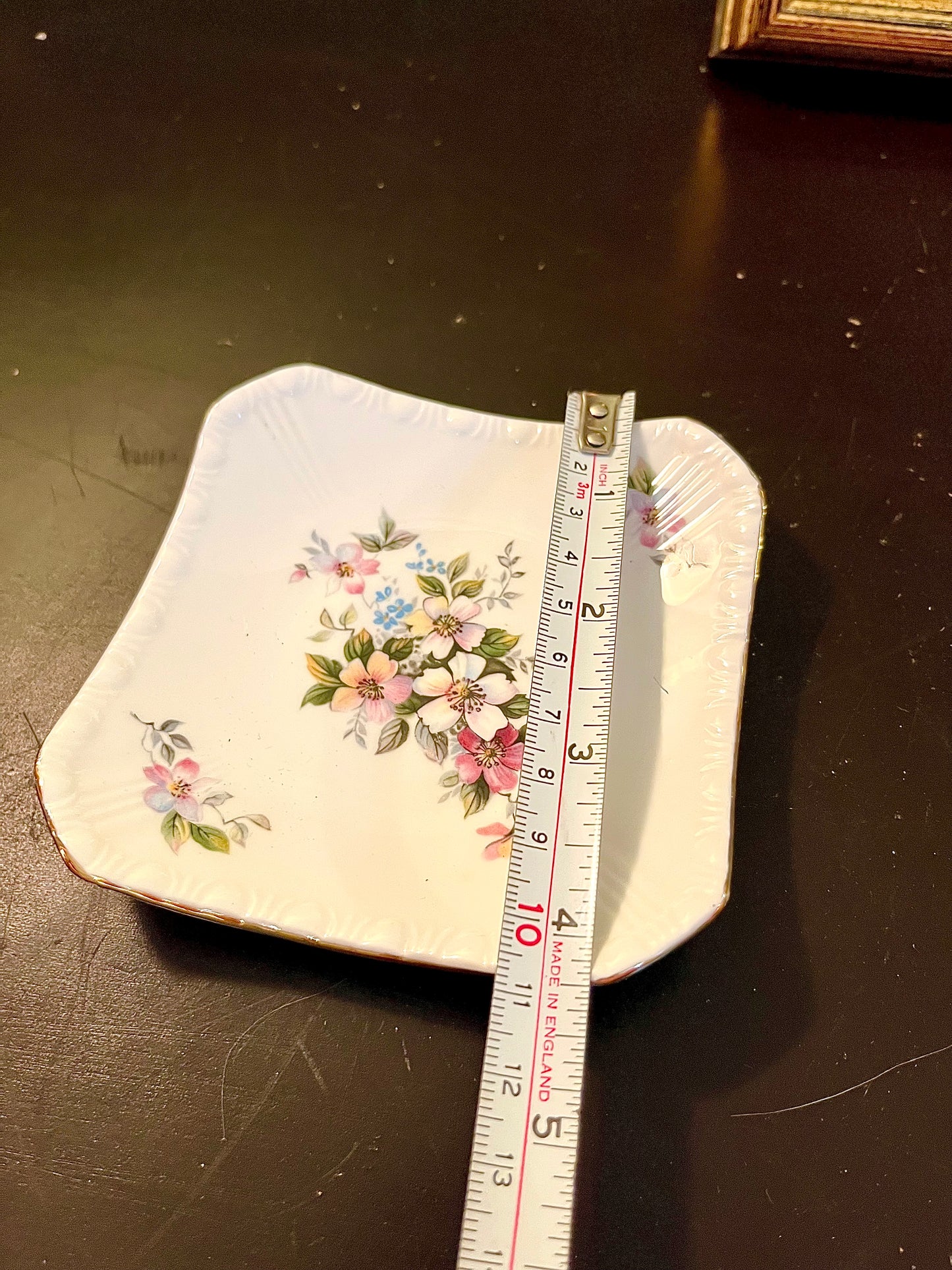 Vintage Pink Floral Square Ceramic Dish 10 cm Gold Trim