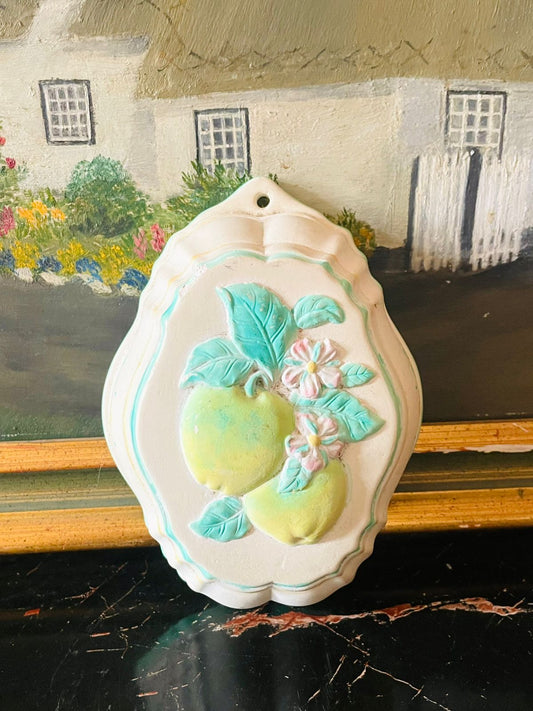 vintage lemon wall plaque, pastel fruit wall decor, english cottage kitchen plate, handmade ceramic relief, 3D fruit wall art, vintage farmhouse wall hanging, lemon blossom decor, cottagecore kitchen wall plate, rare thrift find pakistan, sunset kitchen vintage