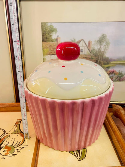 Large Pink Cupcake Ceramic Storage Jar with Cherry Lid – Kitchen Decor