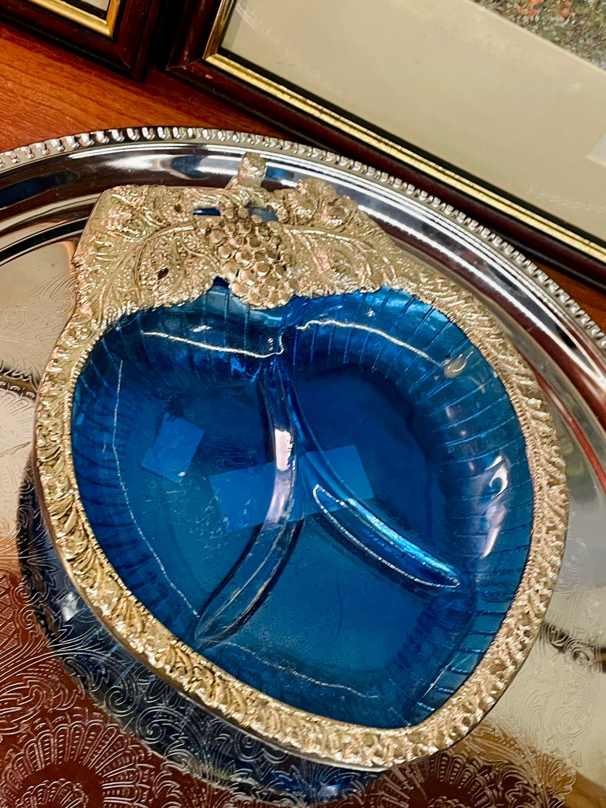 Vintage Leaf Dish, Blue Glass Decor, Divided Glass Bowl, Kala Gurjari India, Indian Handicraft Home Decor, Ornate Metal Rim Dish, Vintage Serving Dish, Collectible Glassware, Cottagecore Decor, Home Accent Bowl