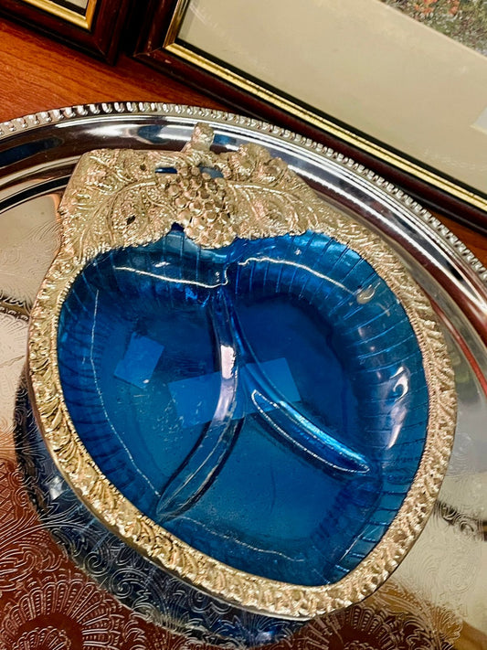 Vintage Leaf Dish, Blue Glass Decor, Divided Glass Bowl, Kala Gurjari India, Indian Handicraft Home Decor, Ornate Metal Rim Dish, Vintage Serving Dish, Collectible Glassware, Cottagecore Decor, Home Accent Bowl