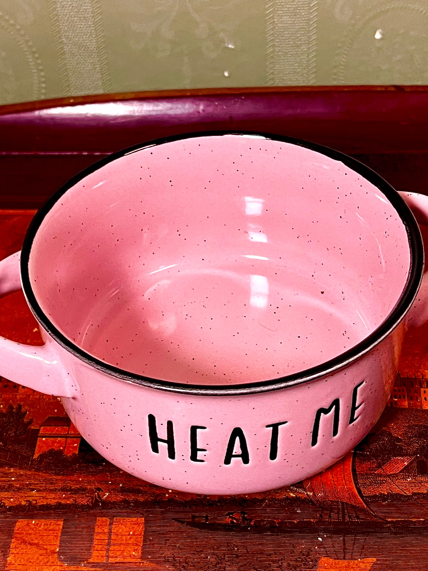 Pink “Heat Me” Ceramic Soup Mug Bowl with Double Handles Approx. 13cm Wide