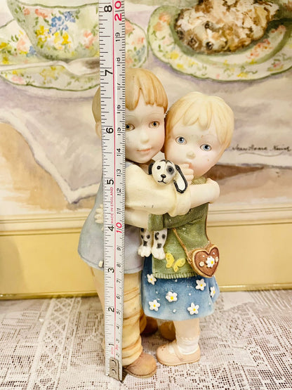 Vintage Children Figurine - Handcrafted Siblings with Dog - Ceramic Collectible
