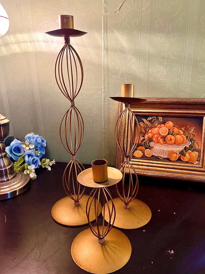 Set of 3 Gold Metal Candle Holders – Graduated Wireframe Pillar Stands