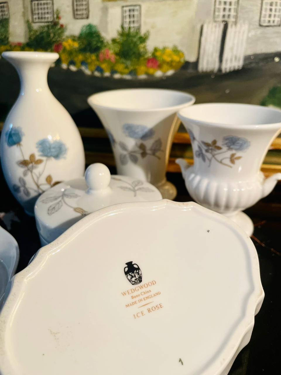 Wedgwood Bone China “Ice Rose” Set of 6  – Decorative Vase, mini dishes & Trinket Set (England)