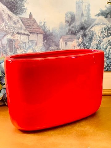 Modern Red Ceramic Planter Oval Glossy Statement Decor