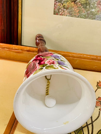 Vintage Floral China Bell with Wooden Handle – Rose Pattern