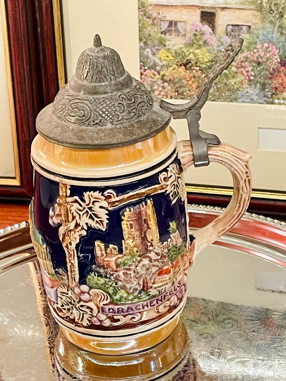 Vintage German Mug with Pewter Lid – Embossed Design