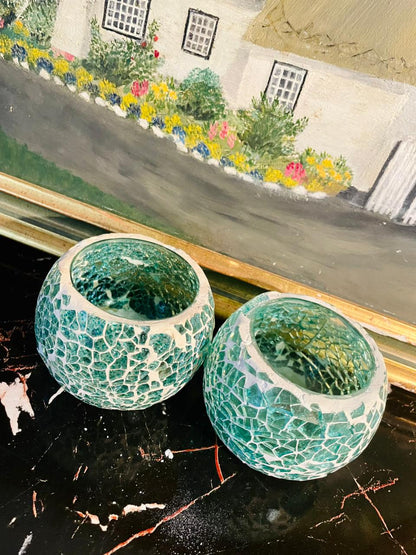 Mosaic Glass Tealight Candle Holder – Cracked Glass Round Bowl Design (Turquoise)