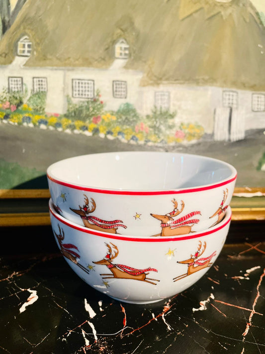 christmas bowls, reindeer bowls, festive serving bowls, ceramic snack bowls, porcelain dessert bowls, holiday dinnerware, red white christmas bowl, soup bowl set, festive kitchenware, reindeer design bowl, holiday tableware