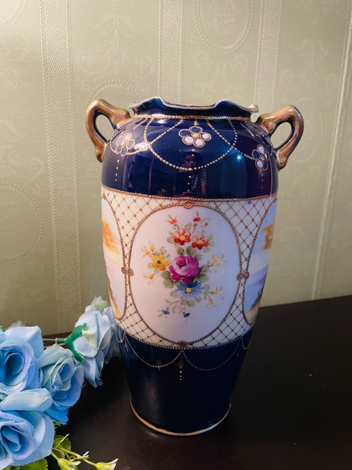 RARE FIND Hand-Painted Nippon Moriage Vase with Cobalt Blue