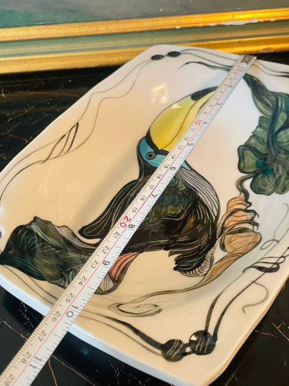 Hand-Painted Porcelain Bowl with Toucan Design – 11 Inches – Contemporary Art Deco Style