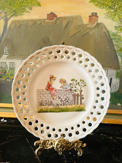 vintage children plate, reticulated porcelain plate, cottagecore wall decor, english countryside porcelain, rare thrift find, lace rim china, antique collectible plate, european wall plate, sunset kitchen vintage collection, heritage decor pakistan