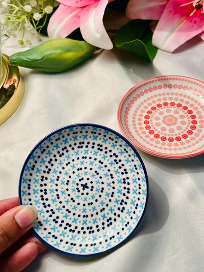 Osaka hand painted Set of 2 Patterned Bone China Bowls – Blue & Coral 4 in