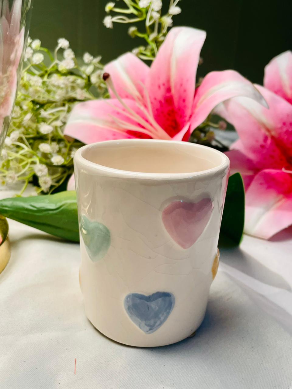 Cream Ceramic Heart Pattern Tumbler 3.5 in