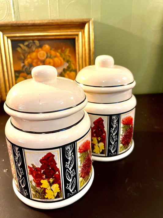 Vintage Floral Enamel Kitchen Jars Set of 2 with Lids - Air Tight