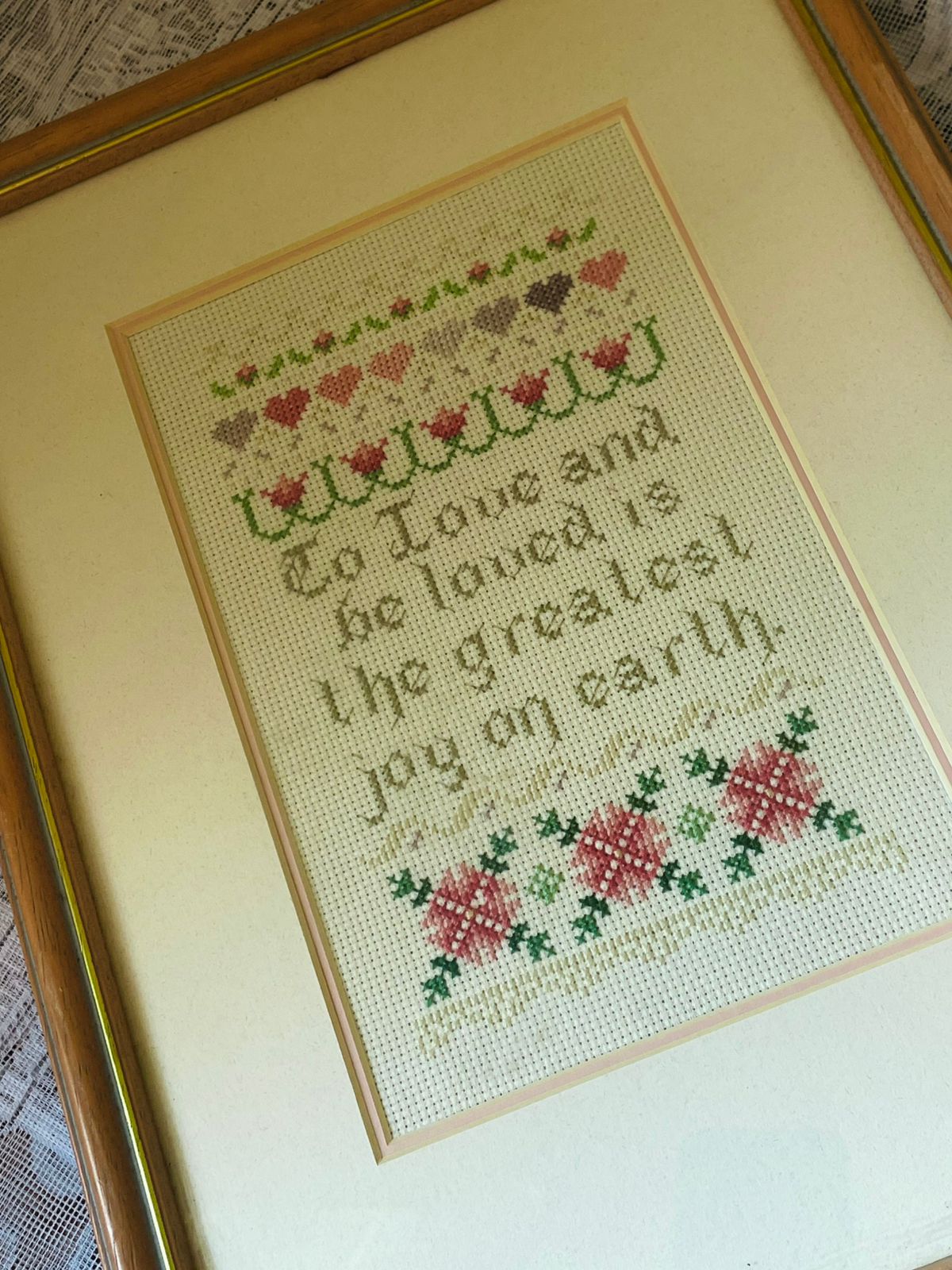 Handmade Cross Stitch Art in Frame – “To Love and Be Loved” Wall Decor