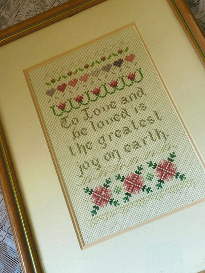 Handmade Cross Stitch Art in Frame – “To Love and Be Loved” Wall Decor
