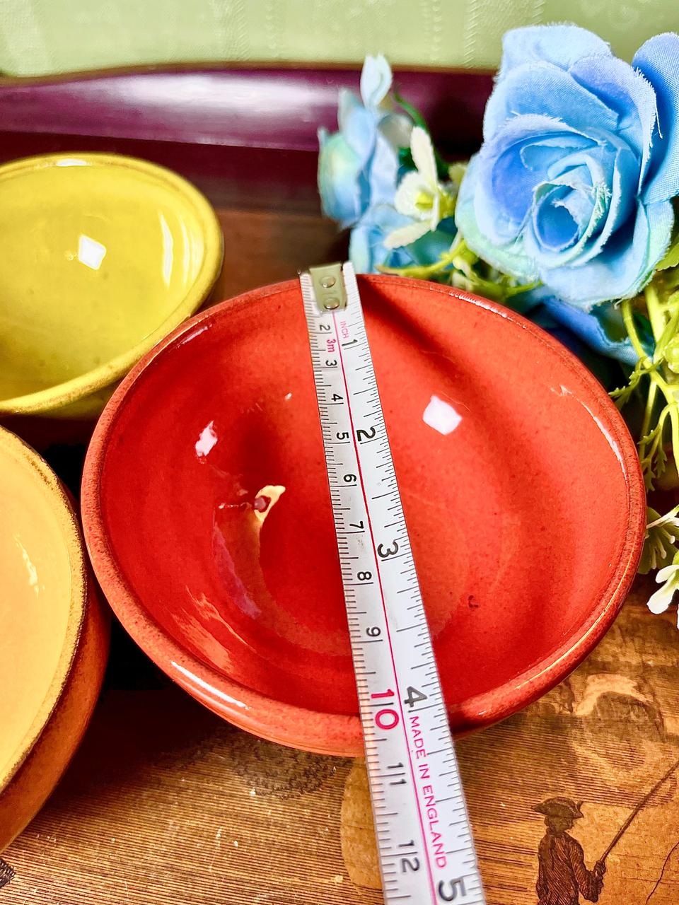 Set of 3 Colourful Glazed Stoneware Bowls Red Yellow & Mustard Approx. 4 Inch