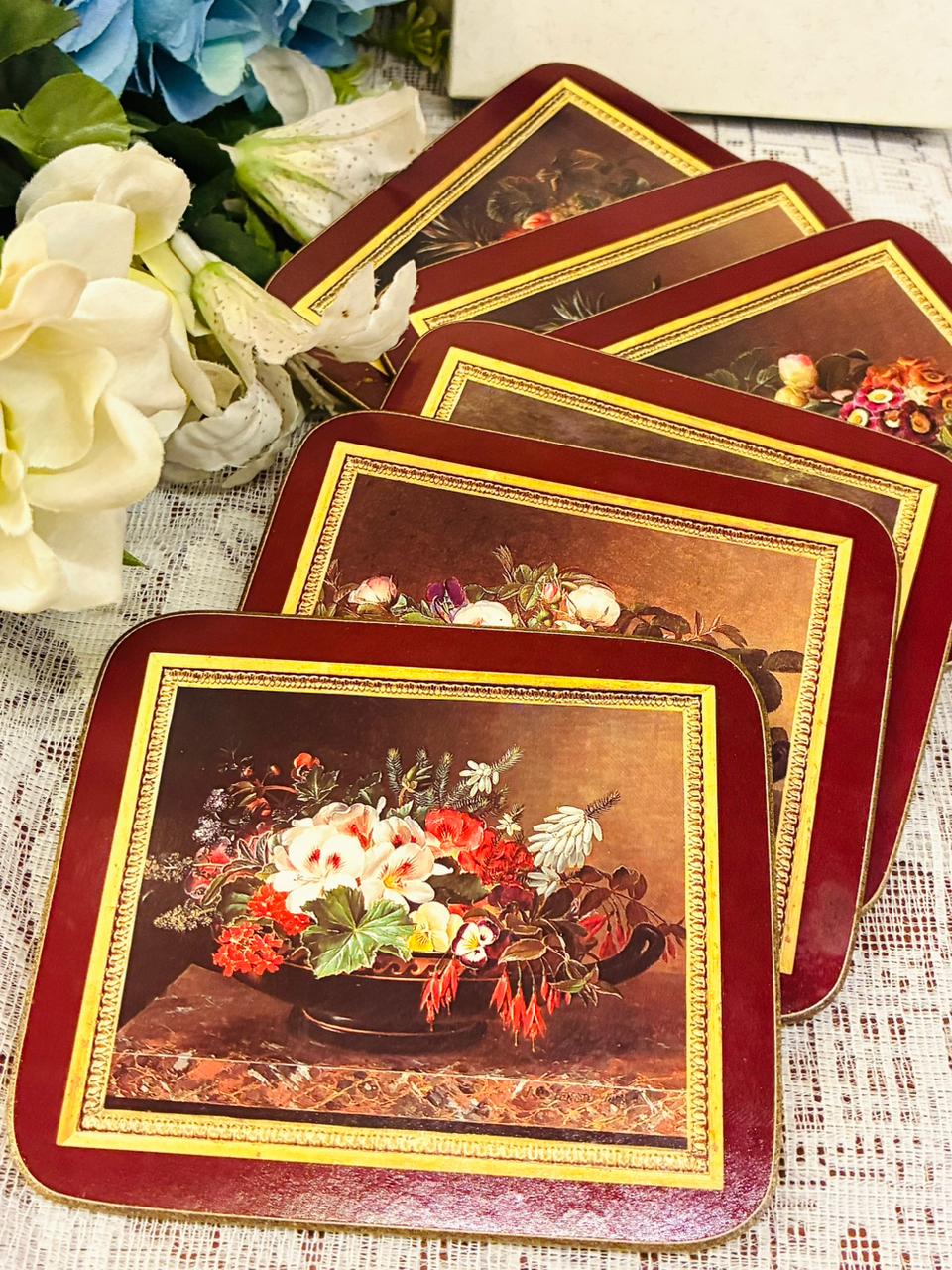 Vintage Floral Artwork Tray Set — 12in Tray + 6 Coasters + 6 Mats