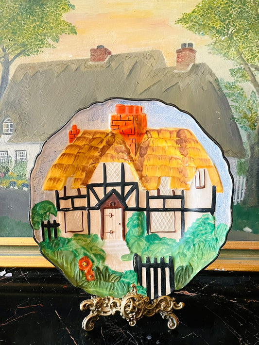 hancocks ivory ware england, thatched cottage plate, hand painted english pottery, 3D relief cottage decor, rare vintage wall plate, english countryside ceramics, cottagecore wall decor, collectible english pottery, heritage european treasure, sunset kitchen vintage collection
