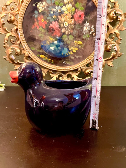 Vintage Navy Blue Duck Shaped Ceramic Planter | Bird Flower Pot