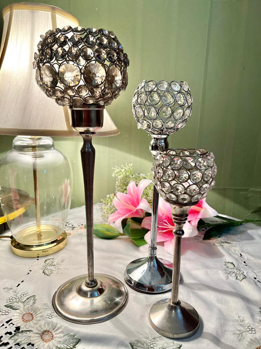 Set of 3 Crystal Embellished Candle Holders – Silver Tone