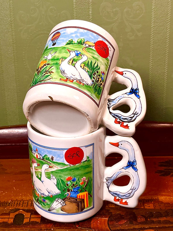 Pair of Goose Country Scene Ceramic Mugs Novelty Handles 10cm