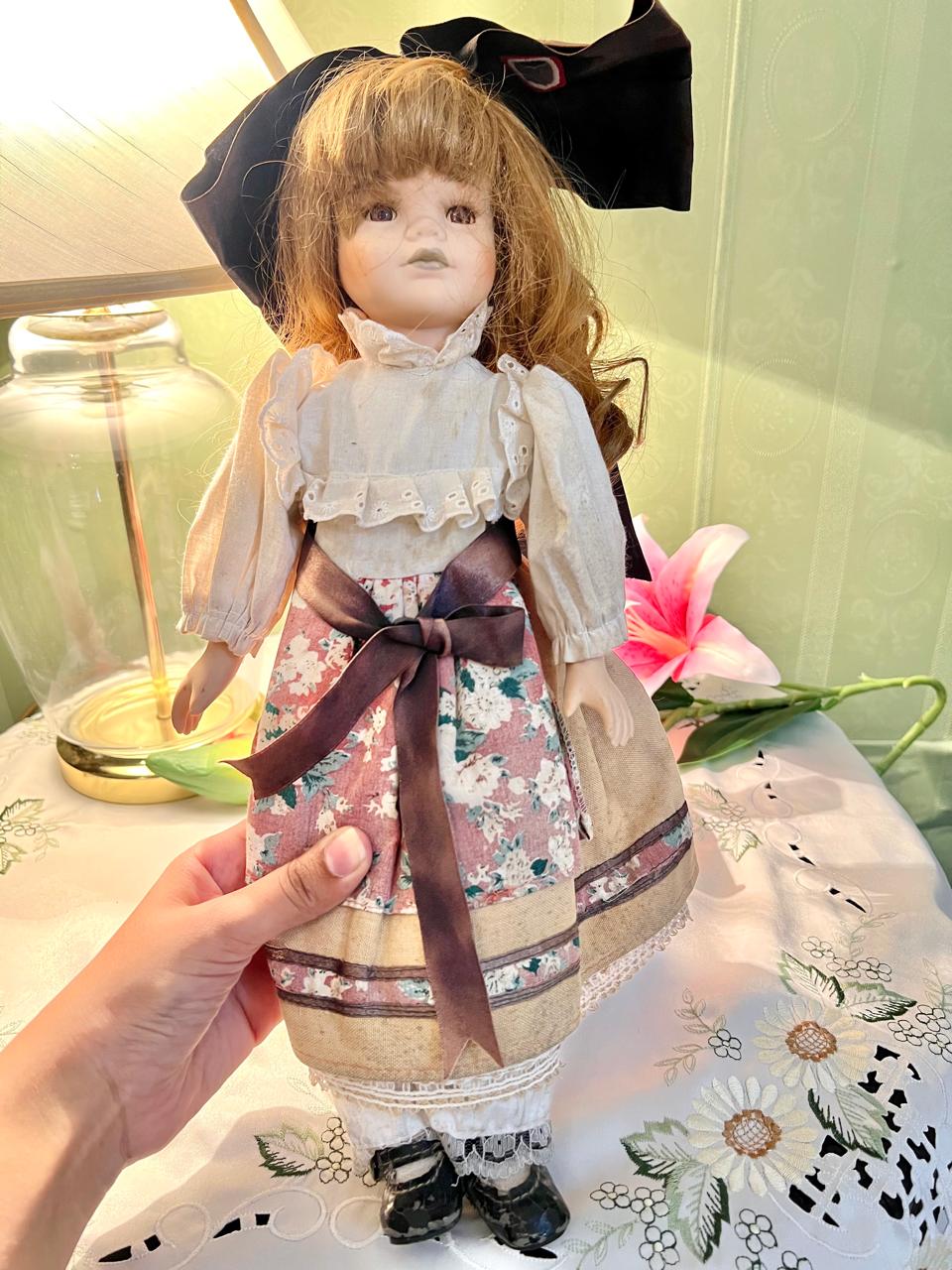 Vintage Porcelain-Style Collectible Doll in Floral Dress 42 cm