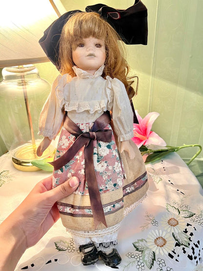 Vintage Porcelain-Style Collectible Doll in Floral Dress 42 cm