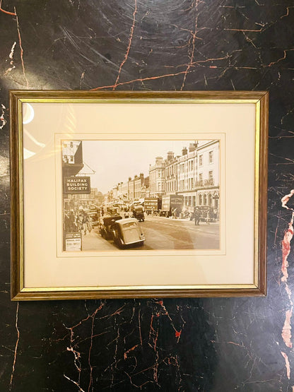 Vintage Street Scene Framed Sepia Photograph Painting 11 inch