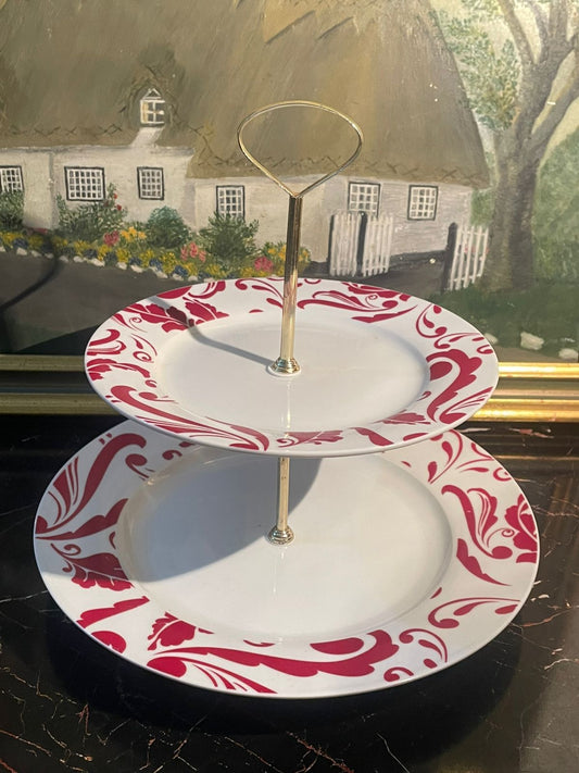 redcakestand, twotierporcelain, teapartyservingstand, dessertstandpakistan, sunsetkitchen, eleganttableware, vintagehomepakistan, teatimesetup, redandwhiteporcelain, cottagecoredecor, modernserveware, sunsetshop, kitchenfinds