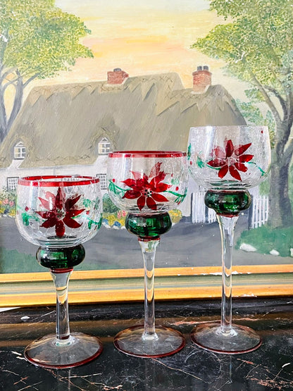 Set of 3 Handcrafted Crackle Glass Candle Stands – Red Poinsettia Floral Design