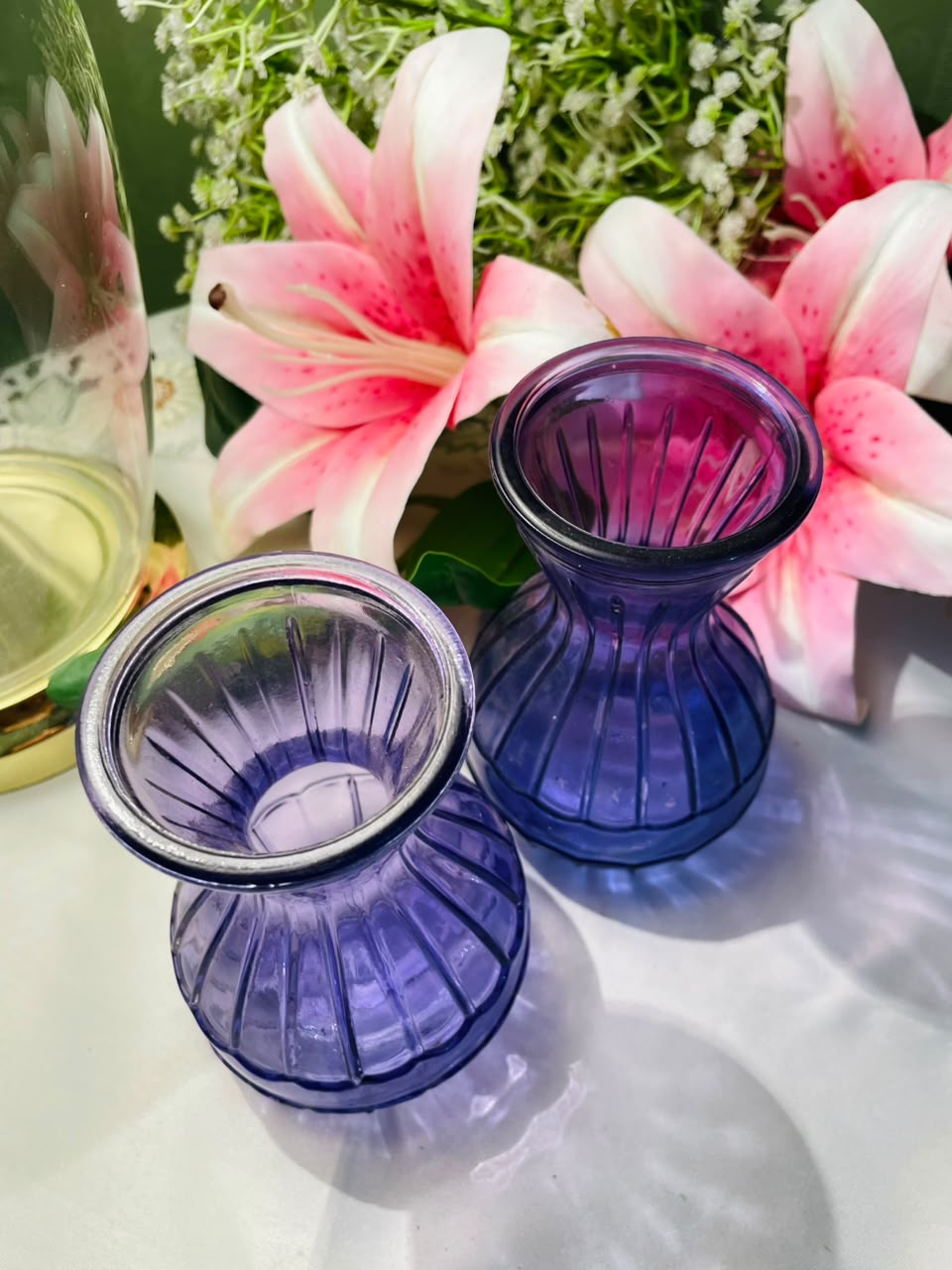 Purple Ribbed Crystal Vases 2-Piece Set Approx. 14 cm