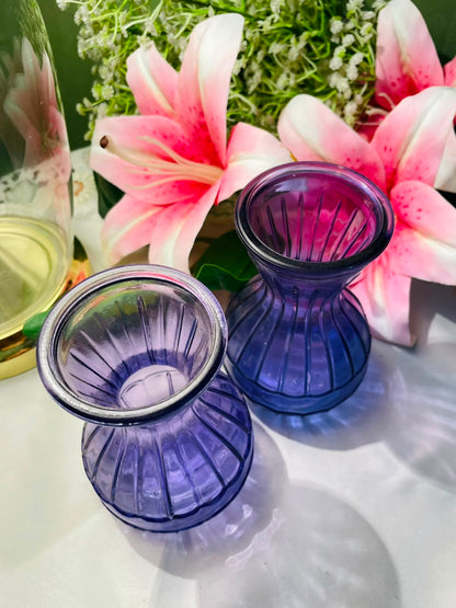 Purple Ribbed Crystal Vases 2-Piece Set Approx. 14 cm